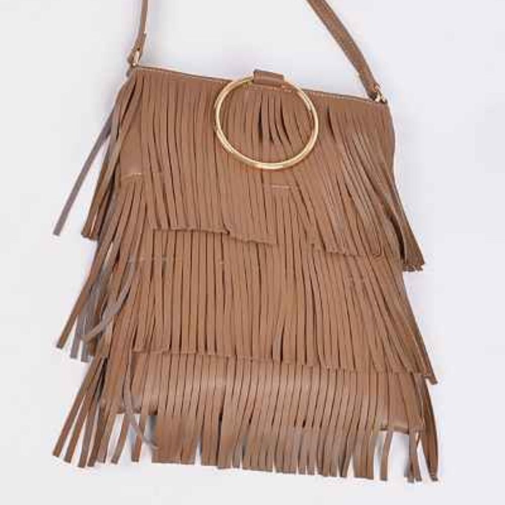 Fringe Tiered /Tassel/ Gold Hoop / Boho Style Crossbody/ Retro 70s - Brown - NWT